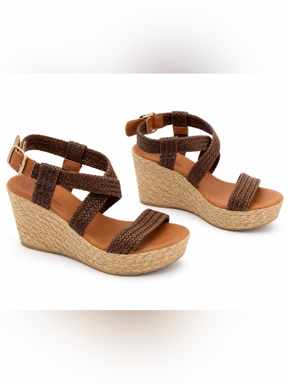 Made in Spain Braided Brown Espadrille Wedge Sandals with Ankle Buckle -Women